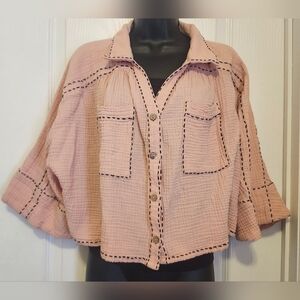Fate Pink Button-Down Women's Shirt with Black Stitching Size Large.EUC